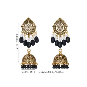 Vintage gold teardrop jhumka earrings with faux pearls and crystal tassels, 8.2cm length.