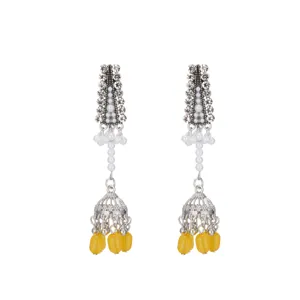 Vintage silver rhinestone long tassel earrings with faux pearls and yellow jhumka drop details.