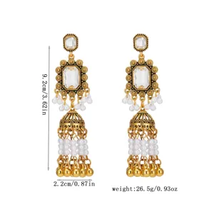 Vintage gold crystal pearl tassel earrings, exotic long jhumka style, length 9.2cm, 26.5g.