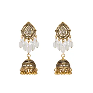 Exquisite antique gold teardrop jhumka earrings with crystal and pearl tassels for women.