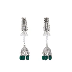 Vintage silver rhinestone jhumka long dangle earrings with white pearls and green beads.