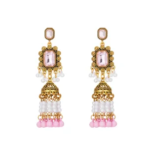 Stunning vintage gold pink rhinestone pearl jhumka earrings elegant ethnic long tassel jewelry