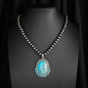 Bohemian vintage turquoise necklace with silver beads pendant western style jewelry item