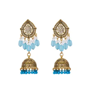 Vintage antique gold teardrop jhumka earrings with blue beads and pearls for women.
