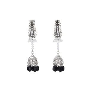 Silver crystal rhinestone long drop earrings detail view, vintage black and white bead fringe.