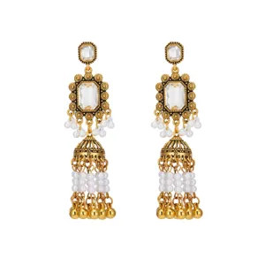 Vintage ethnic gold long jhumka earrings with white rhinestones and pearl tassels.