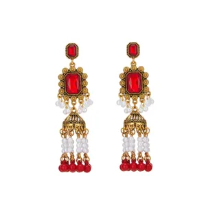 Vintage gold red gemstone dangling earrings with pearl fringe and jhumka bell details.