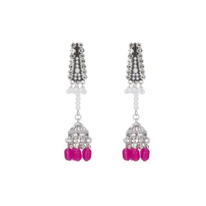Vintage silver rhinestone birdcage long drop earrings with white pearls and pink beads