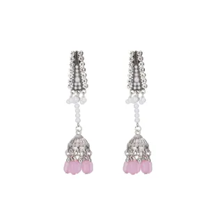 Vintage silver rhinestone long earrings with white pearls and pink beaded tassel drop design.