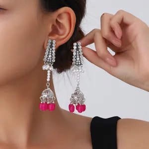 Vintage silver rhinestone birdcage long drop earrings with faux pearl and pink bead tassels.