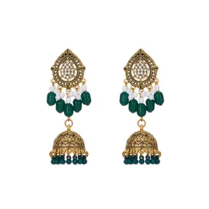 Antique gold ethnic jhumka drop earrings with green beads, white pearls and sparkling crystals.