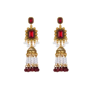 Vintage gold red crystal pearl jhumka drop earrings intricate ethnic long design details