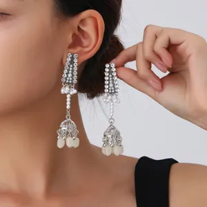 Retro silver rhinestone birdcage long earrings with pearl tassels for elegant women jewelry fashion.
