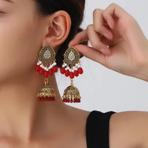Vintage Bohemian Ethnic Style Jhumka Bell Tassel Earrings Women Zinc Alloy Rhinestone Artificial Pearl Beads Drop Earrings