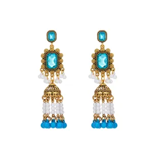Vintage turquoise square stone gold drop earrings with white pearls and blue bead tassels.