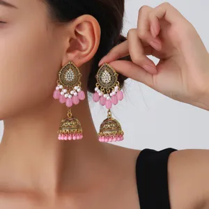Ethnic antique gold teardrop crystal pink bead tassel jhumka drop earrings for women fashion