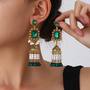 Vintage gold-tone green crystal pearl long jhumka dangle earrings for women fashion chic