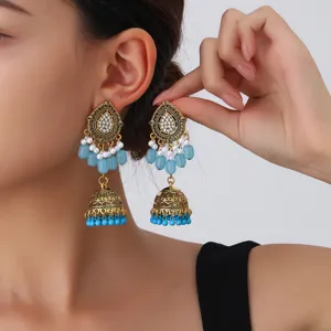 Exotic antique gold teardrop crystal pearl tassel earrings detail view exquisite style