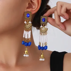Vintage boho style μπλε πετρα ψευδομαργαριταρια μακρια σκουλαρικια για γυναικες