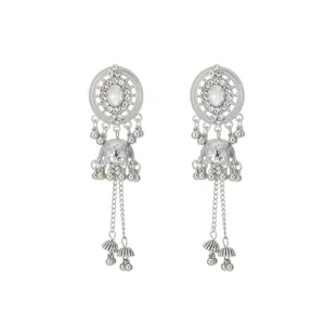 Silver ethnic jhumka earrings featuring carved disks, sparkling rhinestones and bells.