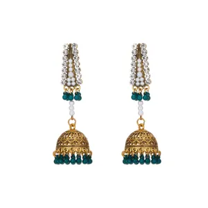Boucles d'oreilles jhumka vintage strass or avec pampilles perles vertes et perles.