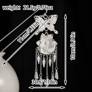 Horquilla de pelo de mariposa flor plata vintage china accesorio Hanfu borlas vista detallada