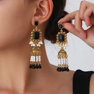 Vintage Gold Black Rhinestone Pearl Tassel Jhumka Earrings Long Bell Drop Earrings