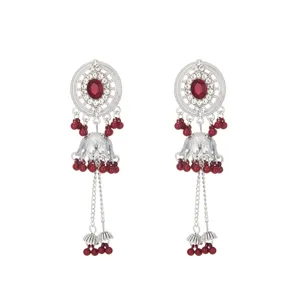 Exquisite ethnic style red bead jhumka earrings with hollow disc and sparkling rhinestones.