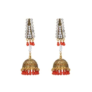 Ethnic gold-tone rhinestone jhumka earrings with red bead tassels for women jewelry.