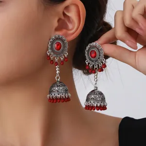 Pendientes colgantes jhumka bohemios vintage de filigrana con cuentas rojas para mujer moda