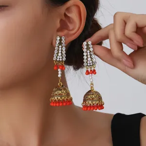 Boucles d'Oreilles Bohème Vintage en Alliage de Zinc avec Strass et Perle Artificielle Jhumka Gland Cloche pour Femmes Style Indien Ethnique Bijoux