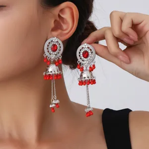 Ethnic alloy rhinestone red beaded jhumka earrings for women, exquisite hollow design drop dangles.