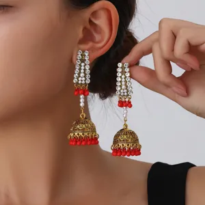 Boucles d'oreilles jhumka vintage or strass avec gland perles rouges style ethnique femmes