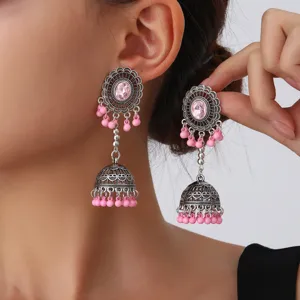 Pendientes Colgantes Étnicos Bohemios con Forma de Campana Hueca para Mujer Joyería de Aleación con Flecos Strass y Cuentas