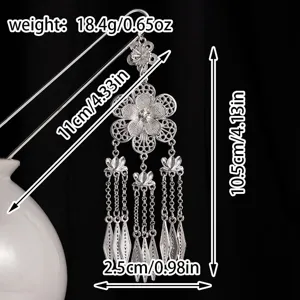 Horquilla de pelo de flor de plata vintage china con borla étnica para hanfu de estilo