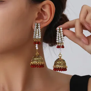 Boucles d'oreilles jhumka vintage en or strass avec pampilles perles rouges bijoux de mode