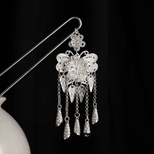 Horquilla para el pelo de mariposa retro china, borla plateada detallada para Hanfu.