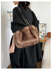 Bolso de hombro de felpa moda otoño para mujer, bolso tote elegante de gran capacidad con cadena.