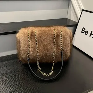 Bolso Tote de Felpa de Otoño Invierno para Mujer Gran Capacidad Cadena Peluda Bolso de Hombro Casual Conmutar Bolso de Piel Sintética