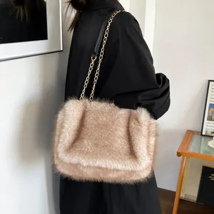 Bolso de hombro de felpa de moda para mujer, gran bolso cruzado de cadena peludo.