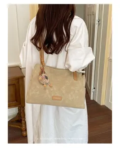 Minimalistische retro tote tas voor dames, grote capaciteit schoudertas met pluche hanger.
