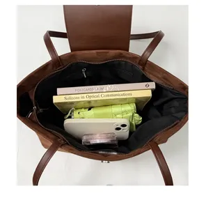 Vintage brown suede tote bag for women, large capacity shoulder bag for daily work commute.