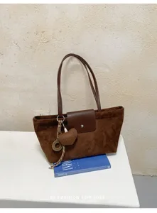 Retro brown suede shoulder tote bag for women, large capacity stylish casual handbag work.