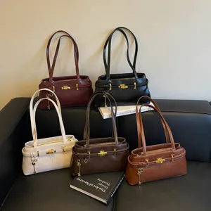 Sac à épaule unicolore élégant grande capacité sac cabas rétro décontracté pour femme