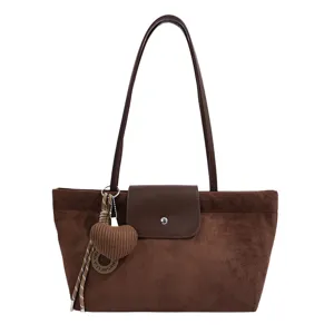 Brown suede tote bag for women, stylish vintage large-capacity shoulder commuting bag main view.