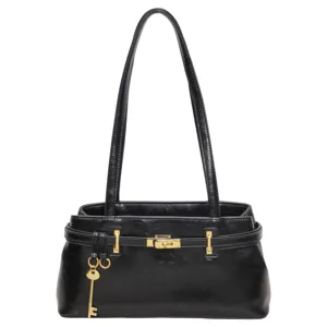 Sac à épaule en cuir noir avec quinerie dorée, cadenas et design de fourre-tout élégant.