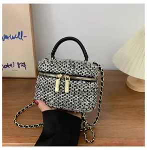 Dames tweed vanity tas chique schouderketting crossbody kleine vierkante mini handtas herfst