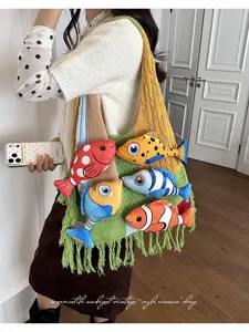 Trendy gebreide color-block schoudertas met schattige 3D-visknuffels, grote handtas.