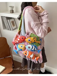 Gebreide colorblock schoudertas tote bag met schattige 3d vis decoratie retro handtas