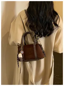 Retro brown suede women handbag stylish casual small shoulder bag daily wear detail shot